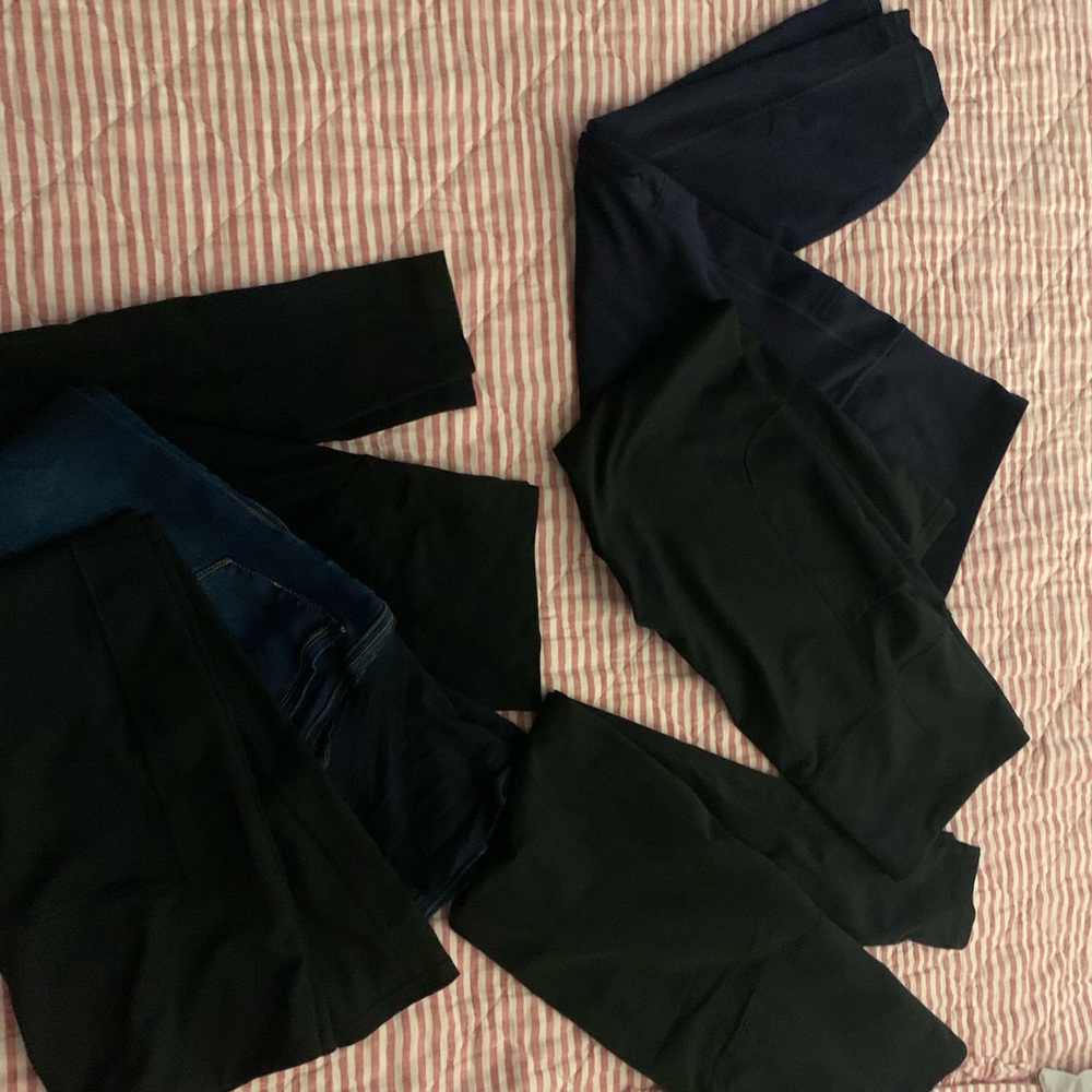 Bundle of maternity pants. 5 black over tummy pants, 1 over belly jeans.